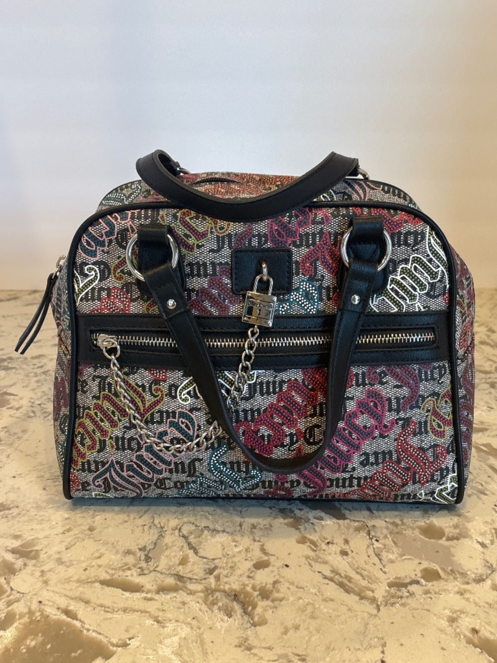 Juicy Couture Multi Color Monogram Satchel Handbag Lock & Chain